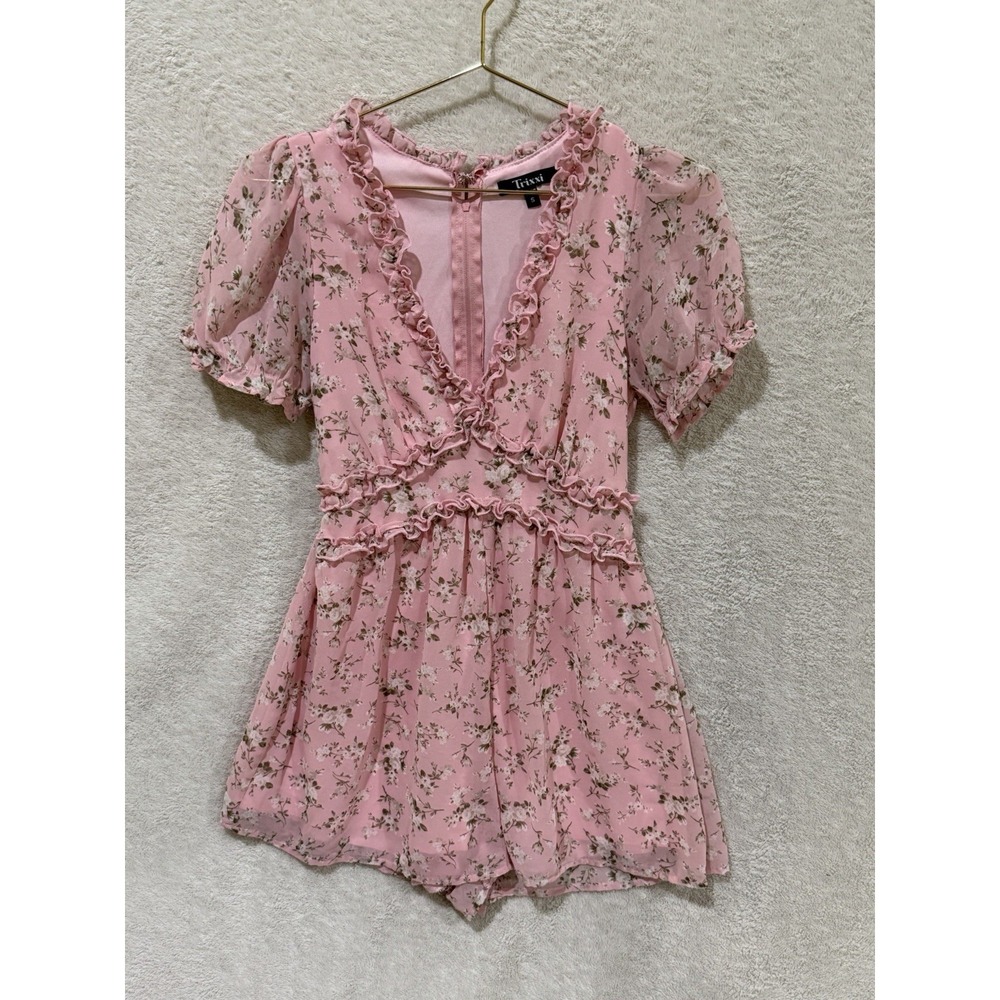 Trixxi Pink Floral Romper Womens Size Small V Neck Ruffle Vacation